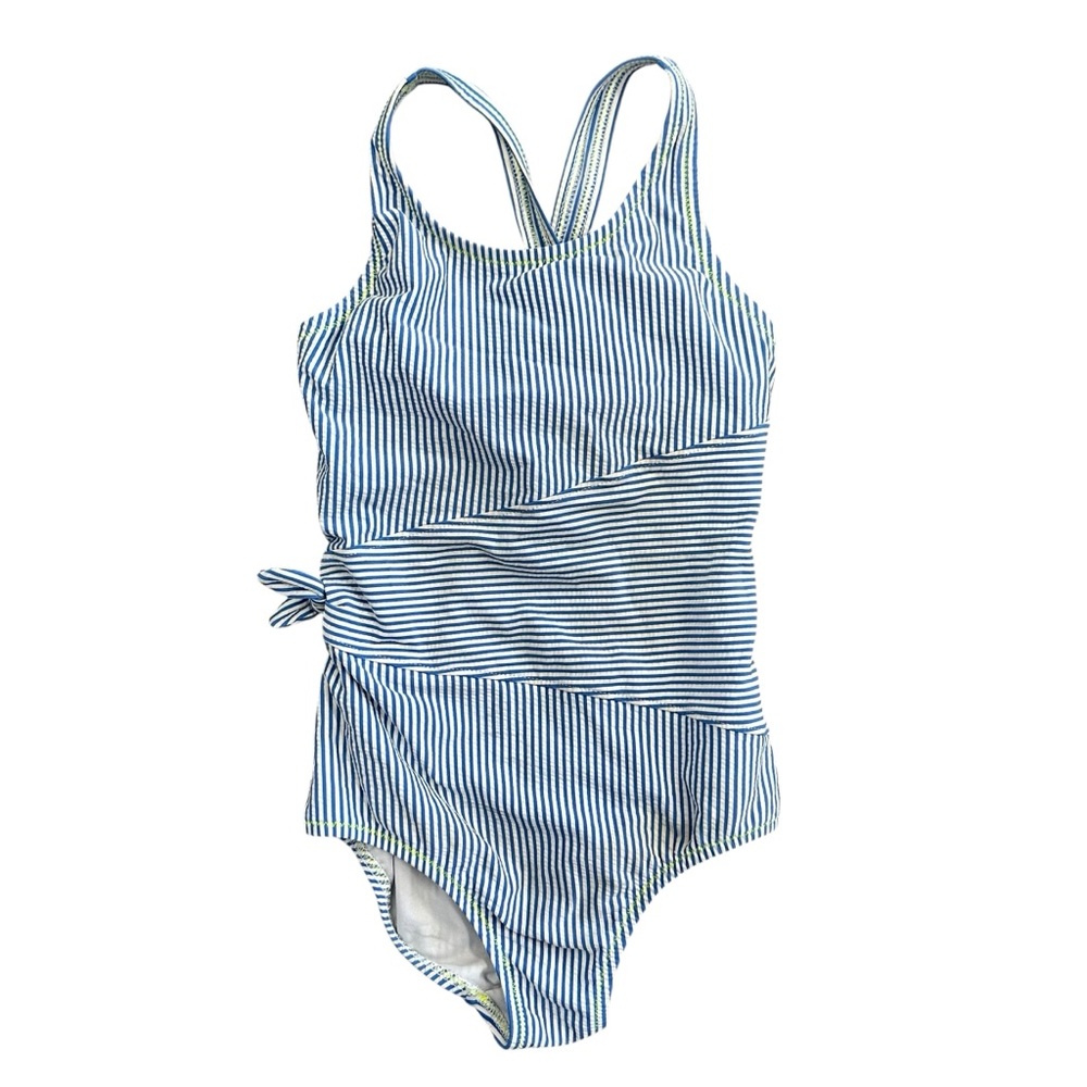 Lands’ End One Piece Swimsuit Blue White Stripe Bow Size 7‎